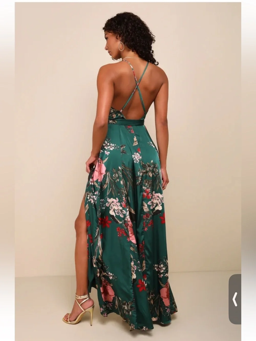 Lulus Still The One Emerald Green Floral Print Satin Maxi Dress - Size S - Picture 6 of 7